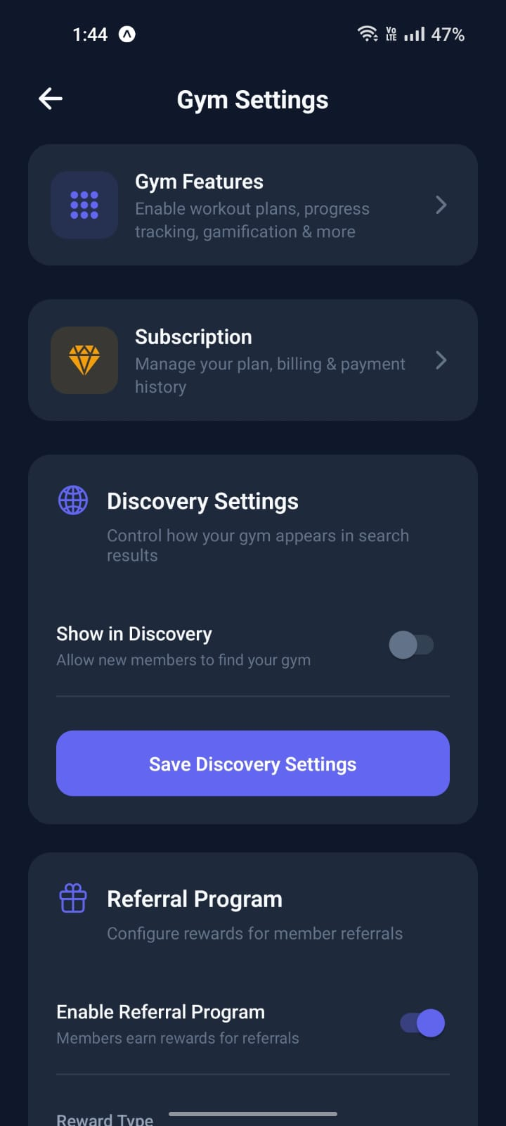 Strivv Fit gym settings screen